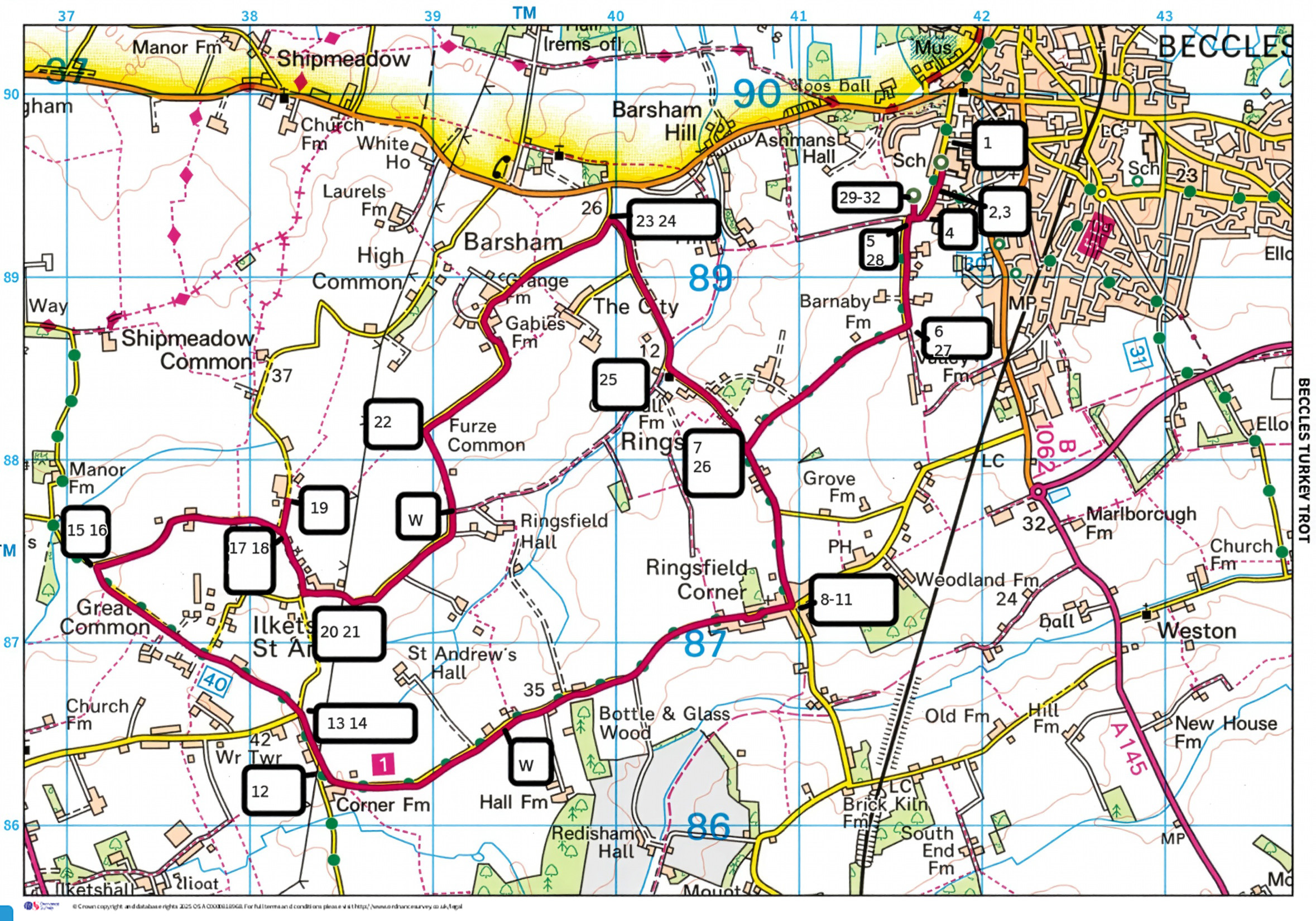 map of 10 mile running route with marshal locations added in white box with thick black border